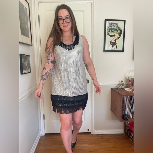 Vintage Dresses & Skirts - 90s Vintage Silver Mirror Sequin Mini Dress with Black Fringe